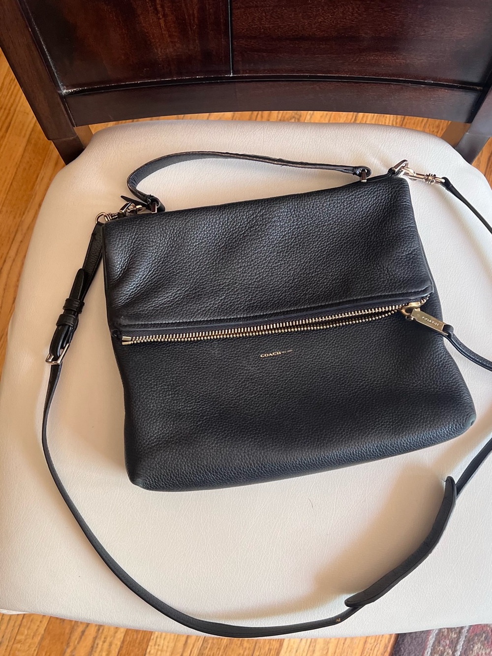 Coach Black Pebbled Leather Fold-Over Crossbody with Gold Hardware